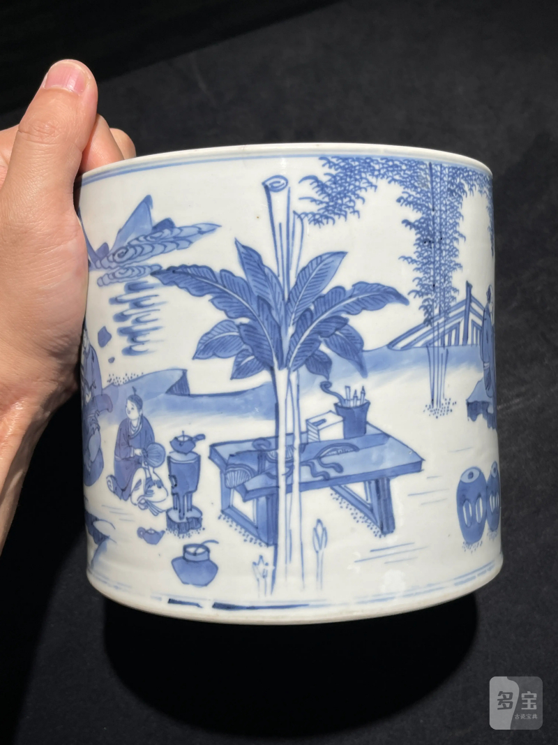清康熙 青花竹林七贤纹笔筒 - 图3